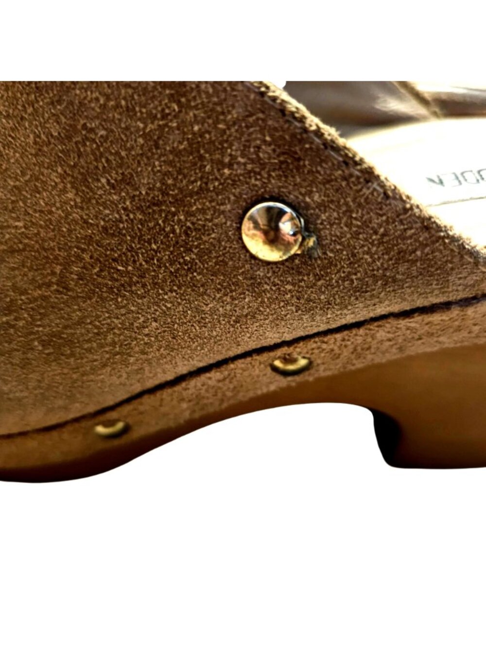 Steve Madden Tan Suede Clogs With Wooden Platform & Brass Studs - Picture 4 of 11